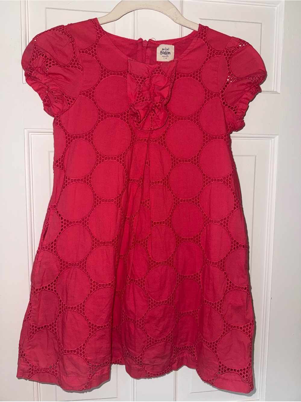 Mini Boden Coral Red Eyelet Circle Dress with Puff Sleeves